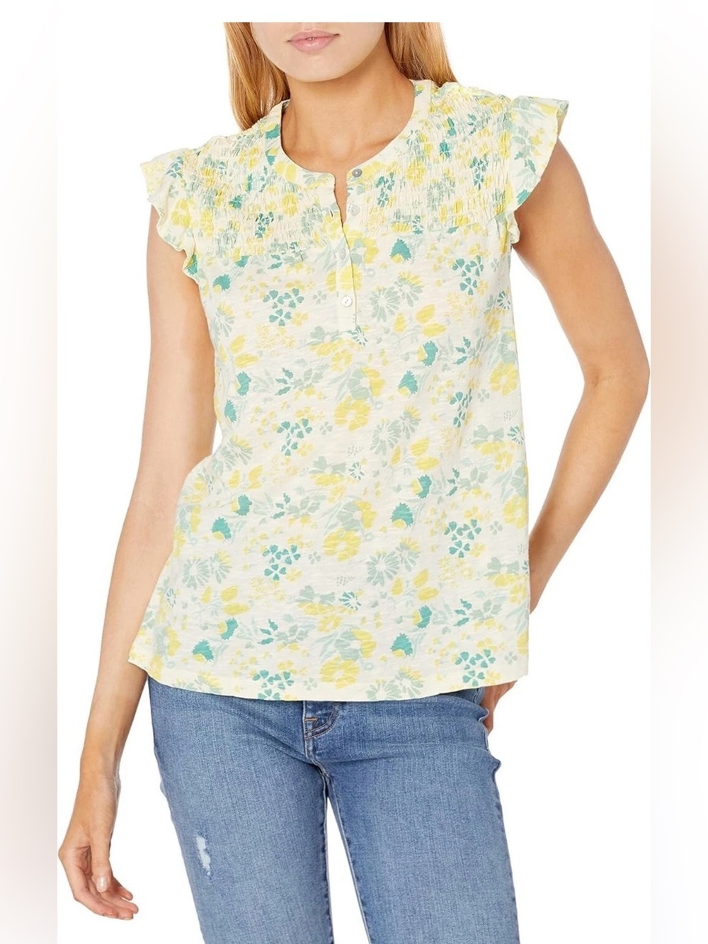 Lucky Brand Butter Yellow Floral Smocked Top Ruffle Sleeve Boho Cottagecore L
